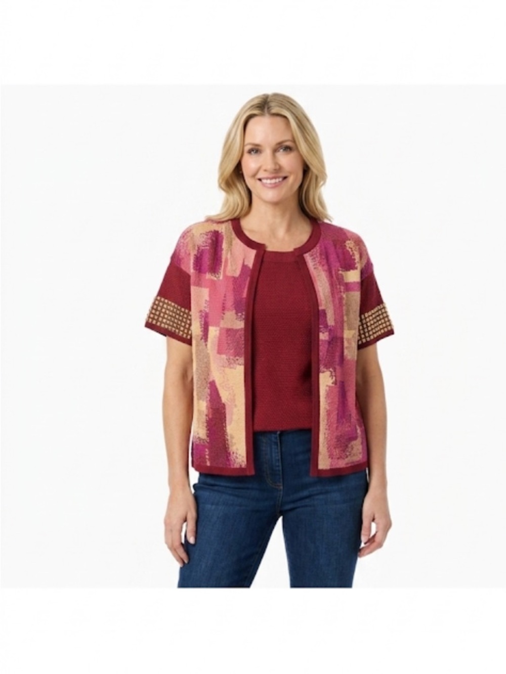 St John women’s knit cardigan and red top set size medium